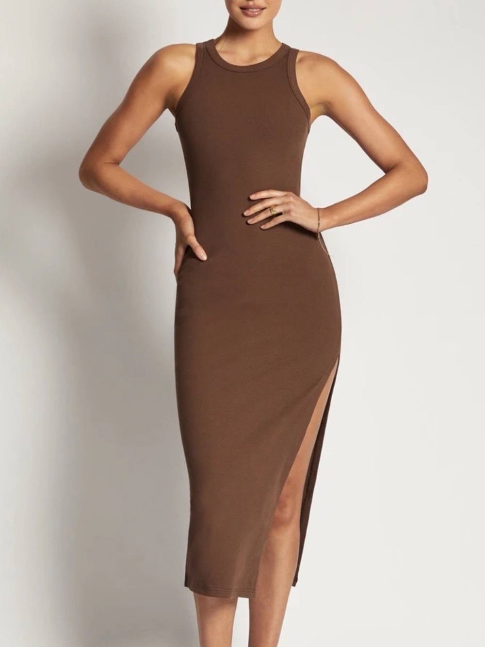 Meshki Viola Ribbed Maxi Split Racer Neck Dress in Chocolate